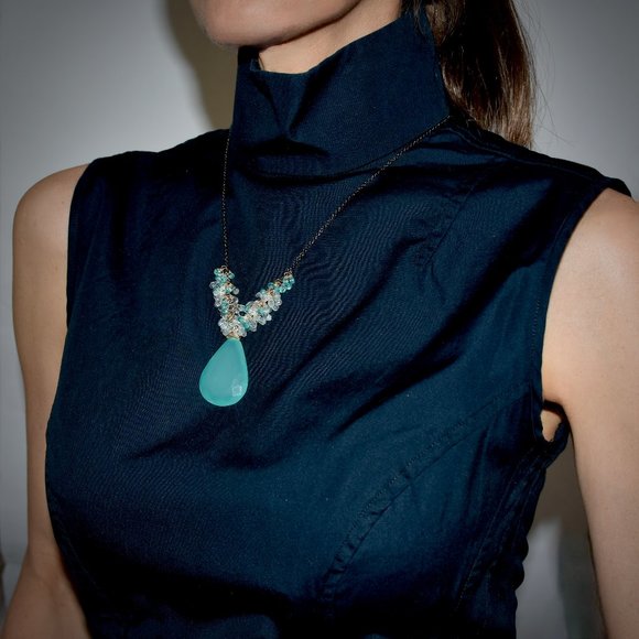 14kGF Blue Chalcedony and Aquamarine Drop Necklace - Picture 6 of 6